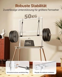 Suport TV ECOTINY pentru ecrane de 49-86 inchi, stand TV portabil din lemn, înălțime reglabilă, cu organizator de cabluri și poliță, alb, max. 50 kg, VESA 400x600 mm 3