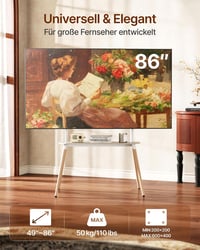 Suport TV ECOTINY pentru ecrane de 49-86 inchi, stand TV portabil din lemn, înălțime reglabilă, cu organizator de cabluri și poliță, alb, max. 50 kg, VESA 400x600 mm 2