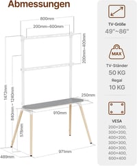 Suport TV ECOTINY pentru ecrane de 49-86 inchi, stand TV portabil din lemn, înălțime reglabilă, cu organizator de cabluri și poliță, alb, max. 50 kg, VESA 400x600 mm 8