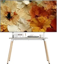 Suport TV ECOTINY pentru ecrane de 49-86 inchi, stand TV portabil din lemn, înălțime reglabilă, cu organizator de cabluri și poliță, alb, max. 50 kg, VESA 400x600 mm 1
