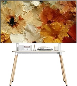 Suport TV ECOTINY pentru ecrane de 49-86 inchi, stand TV portabil din lemn, înălțime reglabilă, cu organizator de cabluri și poliță, alb, max. 50 kg, VESA 400x600 mm