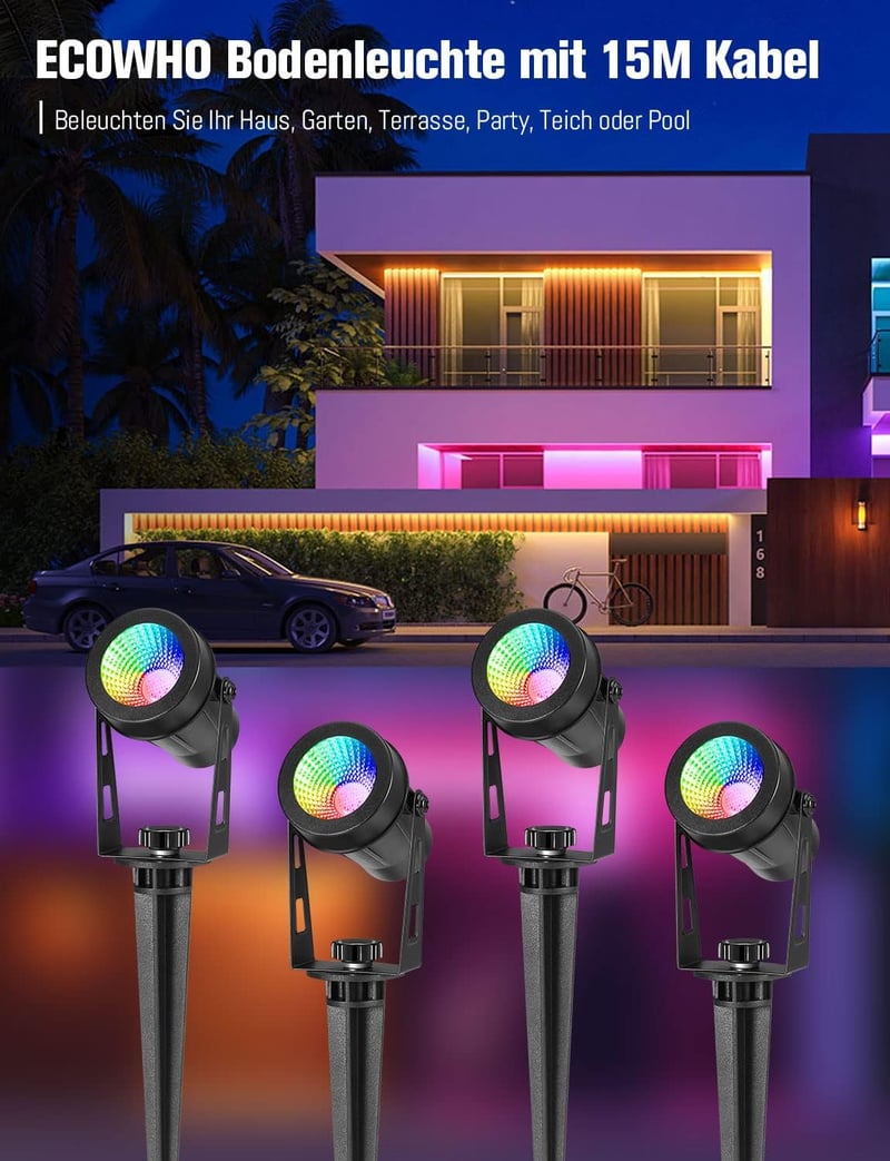 ECOWHO RGB kertilámpa távirányítóval, időzítővel, IP65 vízálló, 4 darabos szett