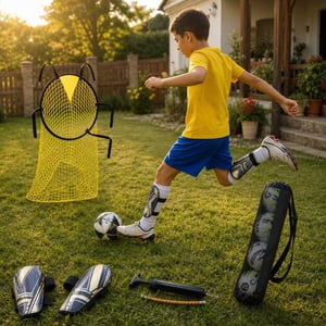 Futbalový štartovací balík: mini lopta + chrániče + pumpa + sieť na presnosť + taška
