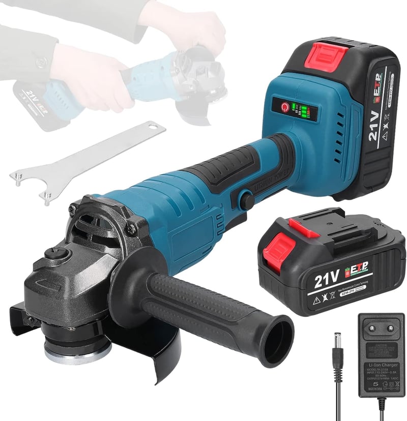 Weytoll 21V Akkumulátoros Sarokcsiszoló, Kefe Nélküli Motor, 125mm, 2x1300mAh Akkumulátor, Fokozatmentes Sebességszabályzás, Tengelyrögzítés