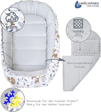Medi Partners 5 Részes Babafészek Szett 100x60x15 cm - Kivehető Betét, Mászótakaró, Újszülött Baba Fészek 100% Pamut, Szarvas Mintás Szürke  6