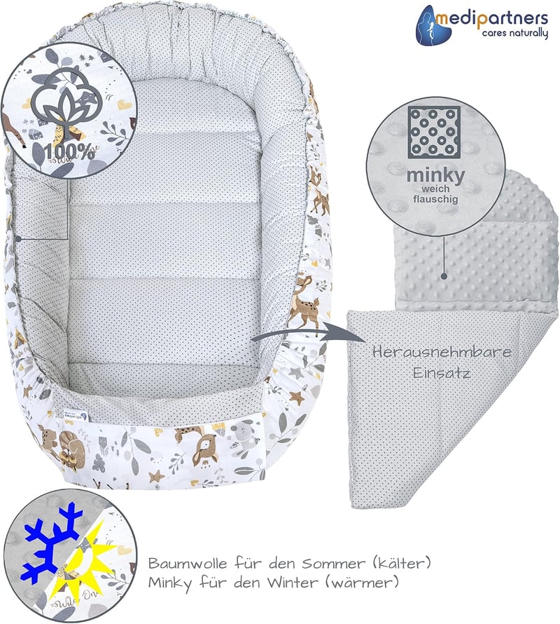 Medi Partners 5 Részes Babafészek Szett 100x60x15 cm - Kivehető Betét, Mászótakaró, Újszülött Baba Fészek 100% Pamut, Szarvas Mintás Szürke 