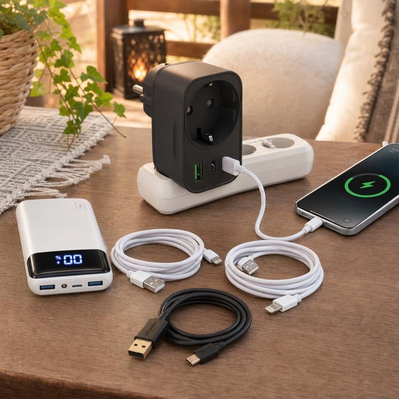 Családi töltőbázis: többportos töltő + 20000 mAh powerbank + 2 db Lightning kábel + micro USB kábel
