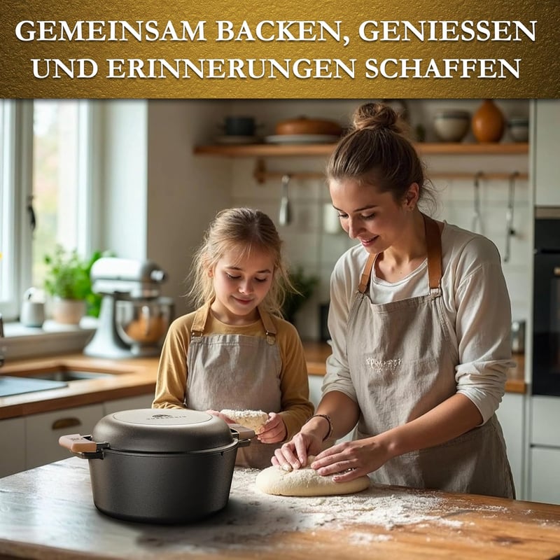 Gusskönig 2in1 Öntöttvas Kenyérsütő Edény 4,8L & Grill Serpenyő 1,8L - Kenyérsütő Forma Fedővel, Tapadásmentes Fekete Öntöttvas Fazék Kiegés