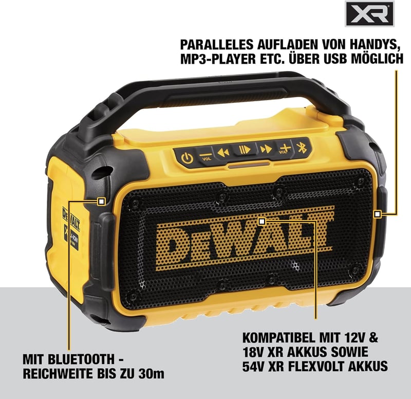 DeWalt DCR011 Bluetooth Hangszóró - Vezeték Nélküli Zenelejátszás Hordozható Kivitel, Akkumulátor Nélkül