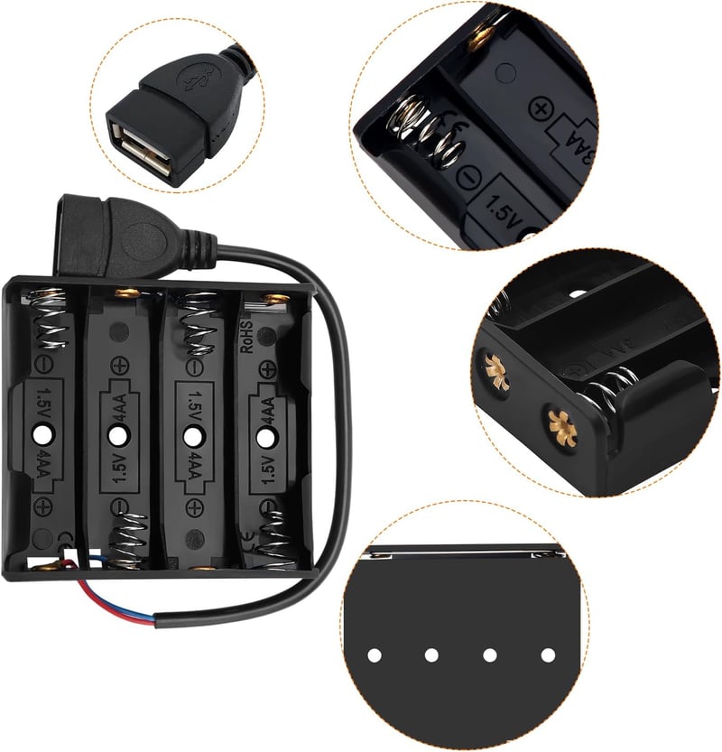 KUOQIY 4 x 1,5V AA Elemtartó USB Csatlakozóval - 6 db-os Készlet Műanyag Dobozzal, Csavarhúzóval és Csavarokkal