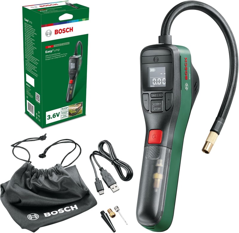 Bosch EasyPump Elektromos Pumpa - Mini Kompresszor 3.0 Ah Akkumulátorral, Autostop Funkcióval, 10.3 Bar, USB-C Töltés, LED Kijelző