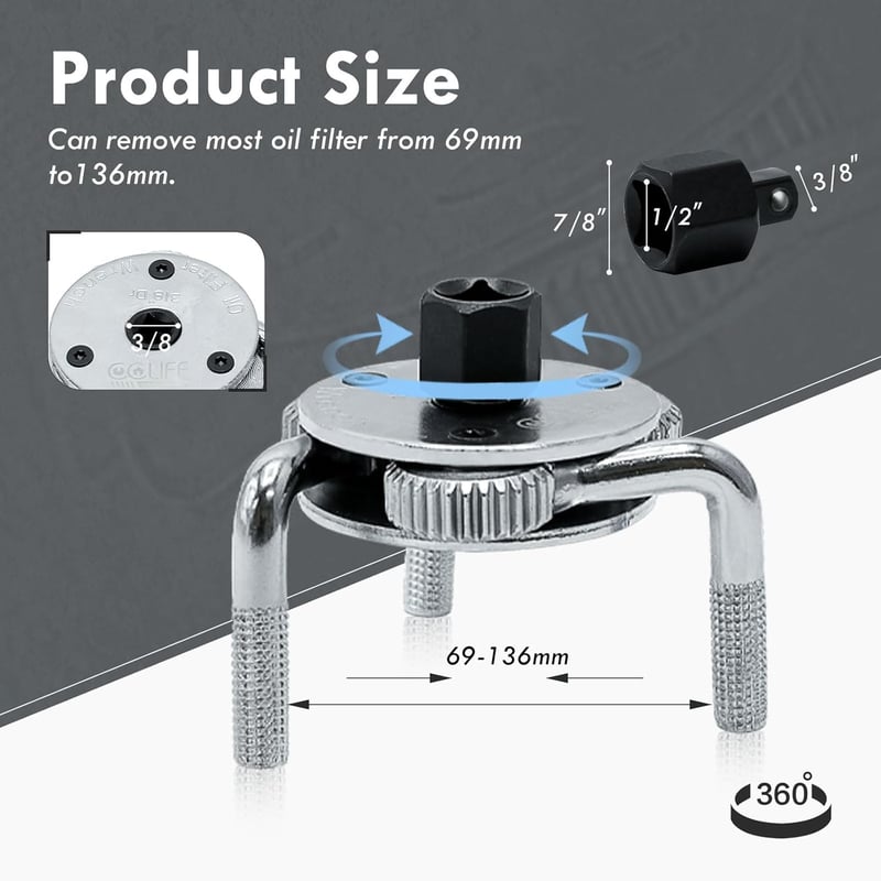 CCLIFE Olajszűrő Kulcs 3-Karos Cr-V Pók Adapter Készlettel - Olajcseréhez, 69-136 mm Átmérőjű Szűrőkhöz, Króm-Vanádium Acél