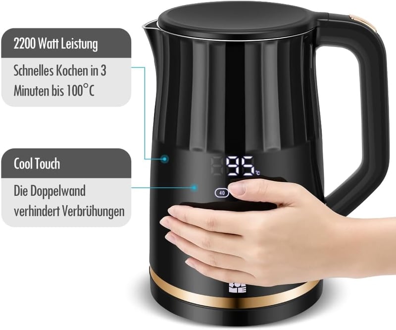 ForMe Rozsdamentes Acél Vízforraló 1,7L - Digitális LED Kijelző, 40-100°C Hőmérséklet Szabályozás, Melegen Tartó Funkcióval, Teafőzéshez, BP