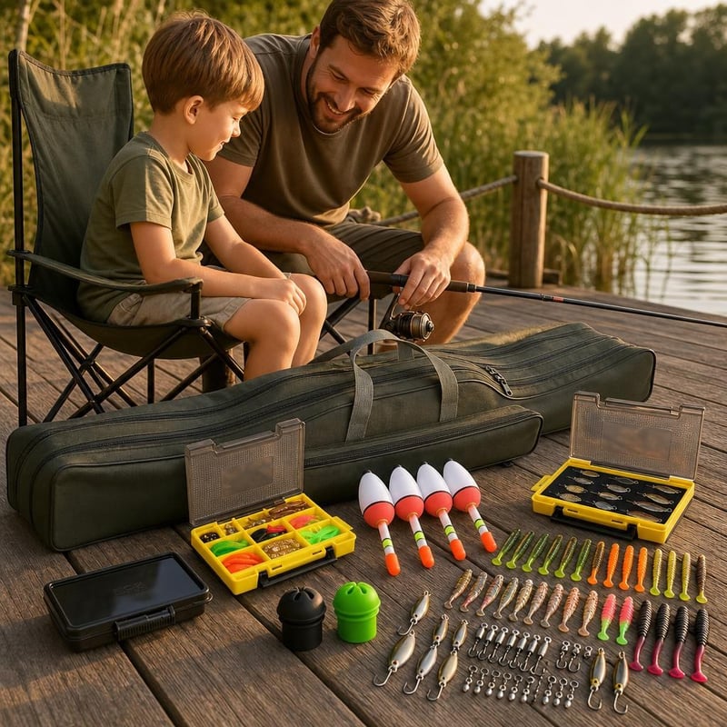 Ribolovni set za mol: torba 150 cm + 96 varalica + 5 plovaka + 2 kapice + kutija + stolica