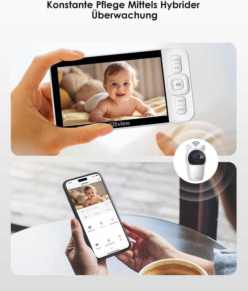 CZEview Bébiőr 2K Kamerával - 5" WiFi Videó Monitor, 360° PTZ, 4x Zoom, Éjjellátó, Mozgásérzékelés, Hőmérsékletjelző, Applikációval