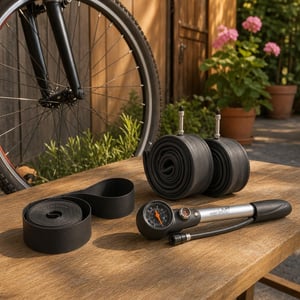 Sada na opravu bicykla: 1x páska do ráfika + 2x duša s autoventilom + pumpa na tlmiče
