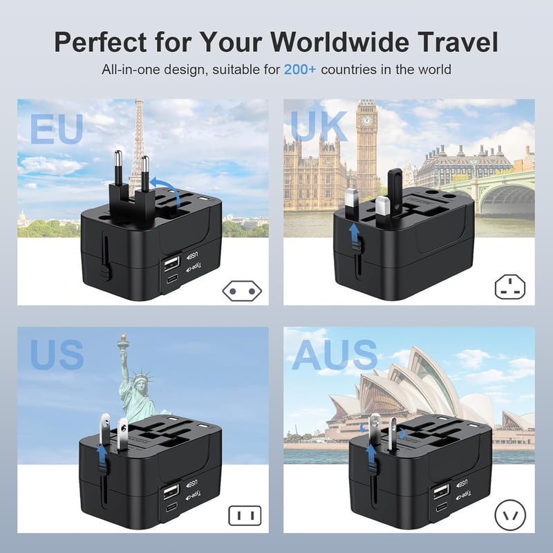Amoner Univerzális Utazási Adapter USB-C és USB-A Portokkal - Nemzetközi Konverter Amerikai, Olasz, Angol, Japán, Francia Konnektorokhoz