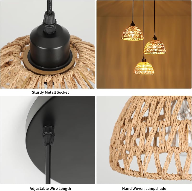 FORCOSO Rattan Függőlámpa Étkezőasztalhoz 3 Égős - Vintage Boho Fonott Mennyezeti Lámpa Nappali Háló Konyha Dekoráció (Ø21cm x3)
