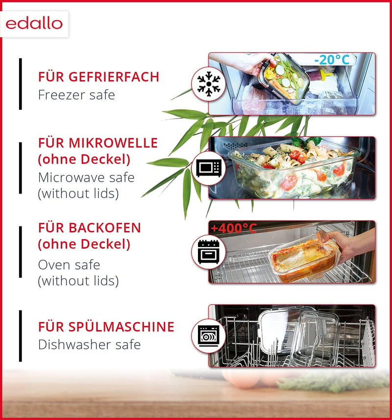 edallo 3 db Nagy Üveg Ételtároló Doboz Légmentes Fedéllel - Szivárgásmentes, Mosogatógép, Sütő, Fagyasztó és Mikrohullámú Sütő Biztos - 3x10