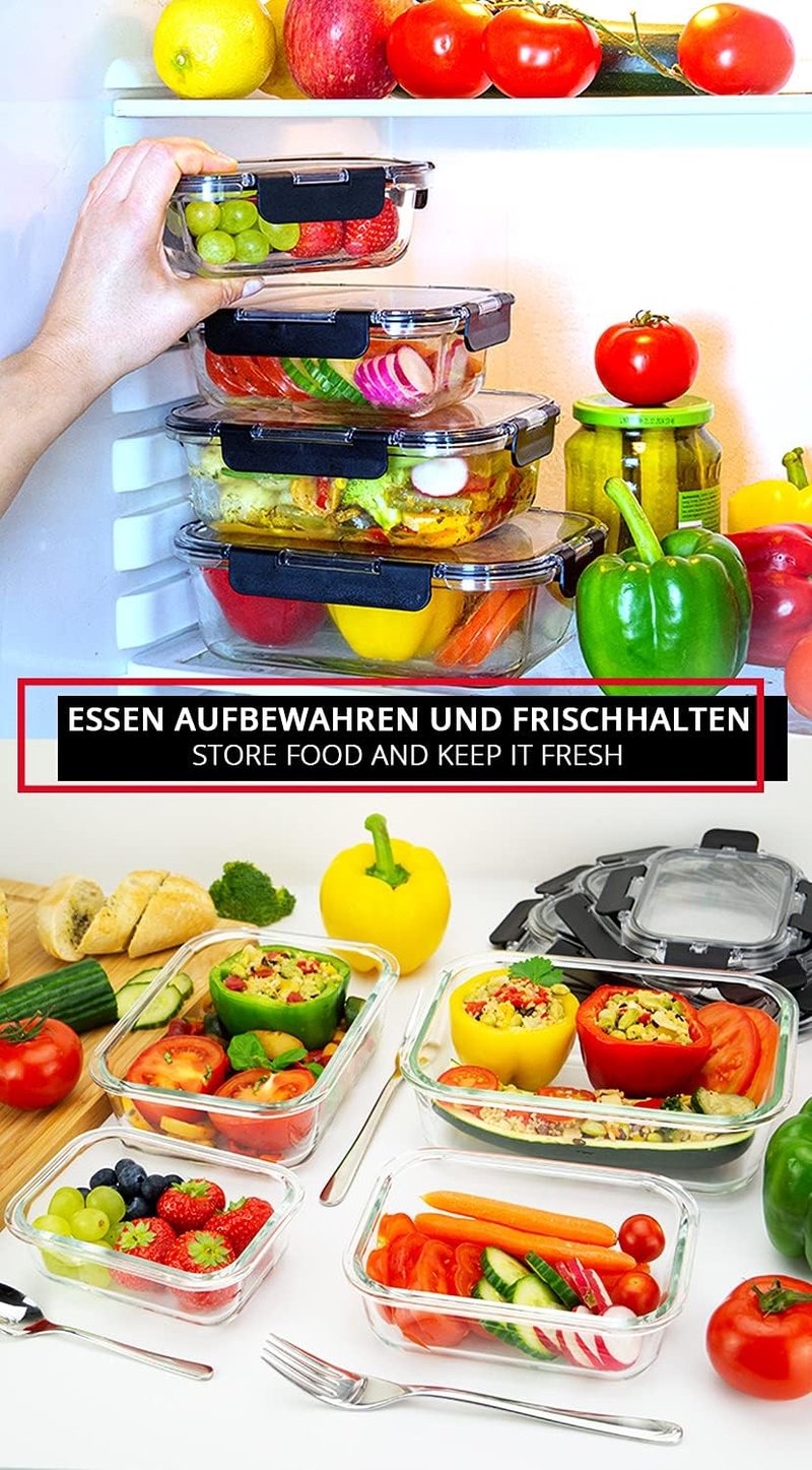 edallo 3 db Nagy Üveg Ételtároló Doboz Légmentes Fedéllel - Szivárgásmentes, Mosogatógép, Sütő, Fagyasztó és Mikrohullámú Sütő Biztos - 3x10