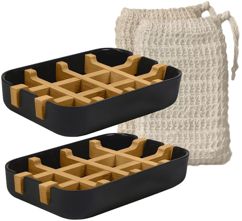Set 2 Suporturi de Săpun din Bambus EDARTO - cu Tavă de Scurgere pe bază de Amidon de Porumb, 2 Săculețe pentru Săpun din Sisal, Sustenabile și Eco-friendly, pentru Baie și Duș