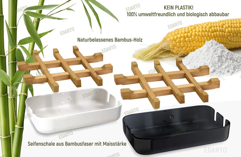 EDARTO Fenntartható Bambusz Szappantartó Szett - 2 Természetes Bambusz Tálca Vízelvezető Résszel + 2 Szappanos Zsák Testradírhoz - Fekete, F