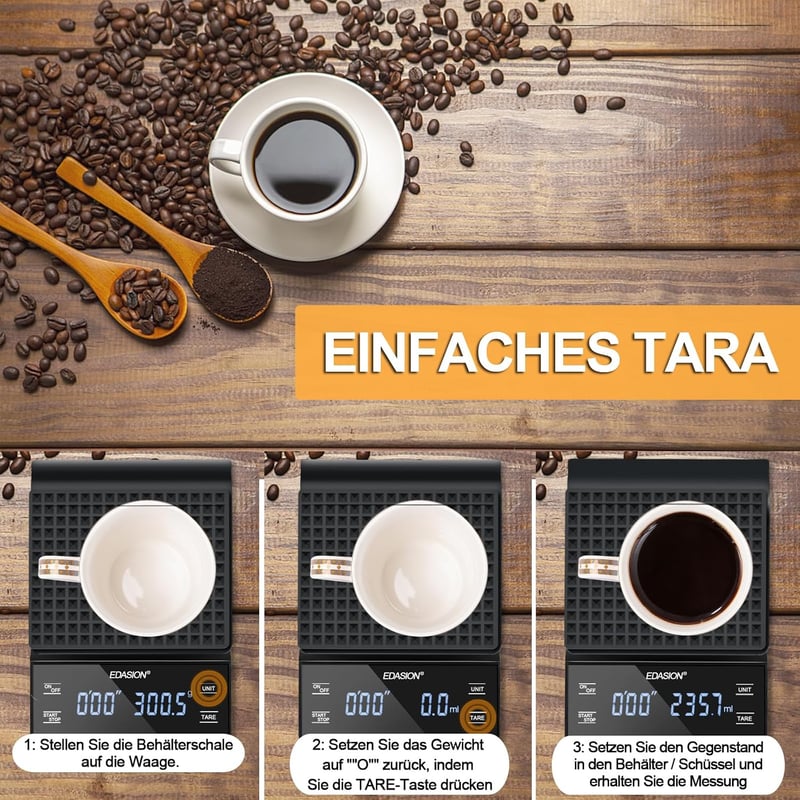 Edasion Digitális kávémérleg időzítővel eszpresszóhoz, 0,1 g pontosság 3 kg-ig, fekete érintőképernyős LED kijelző, vízálló konyhai mérleg