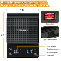 Edasion Digitális kávémérleg időzítővel eszpresszóhoz, 0,1 g pontosság 3 kg-ig, fekete érintőképernyős LED kijelző, vízálló konyhai mérleg 5