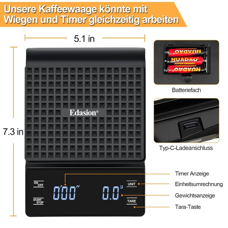 Edasion Digitális kávémérleg időzítővel eszpresszóhoz, 0,1 g pontosság 3 kg-ig, fekete érintőképernyős LED kijelző, vízálló konyhai mérleg