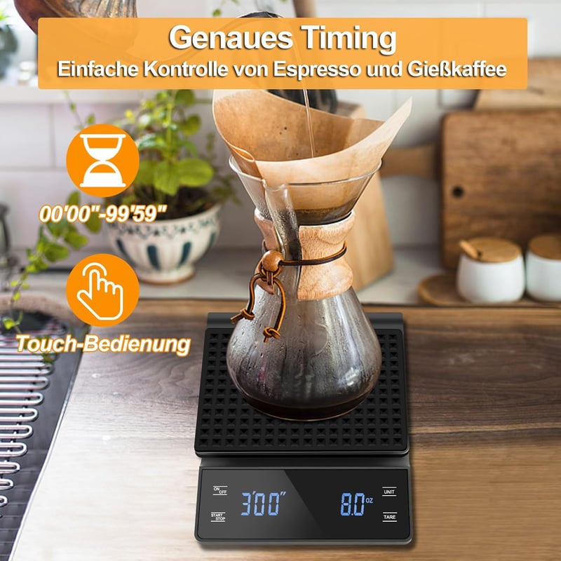 Edasion Digitális kávémérleg időzítővel eszpresszóhoz, 0,1 g pontosság 3 kg-ig, fekete érintőképernyős LED kijelző, vízálló konyhai mérleg
