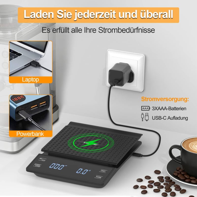 Edasion Digitális kávémérleg időzítővel eszpresszóhoz, 0,1 g pontosság 3 kg-ig, fekete érintőképernyős LED kijelző, vízálló konyhai mérleg