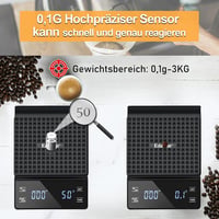 Edasion Digitális kávémérleg időzítővel eszpresszóhoz, 0,1 g pontosság 3 kg-ig, fekete érintőképernyős LED kijelző, vízálló konyhai mérleg 2