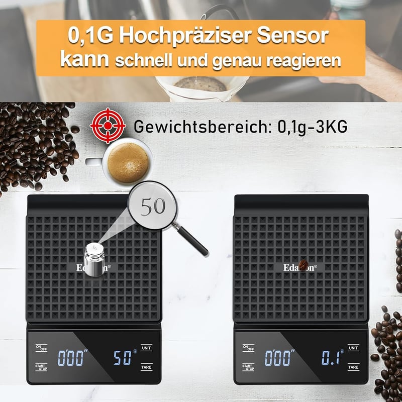 Edasion Digitális kávémérleg időzítővel eszpresszóhoz, 0,1 g pontosság 3 kg-ig, fekete érintőképernyős LED kijelző, vízálló konyhai mérleg