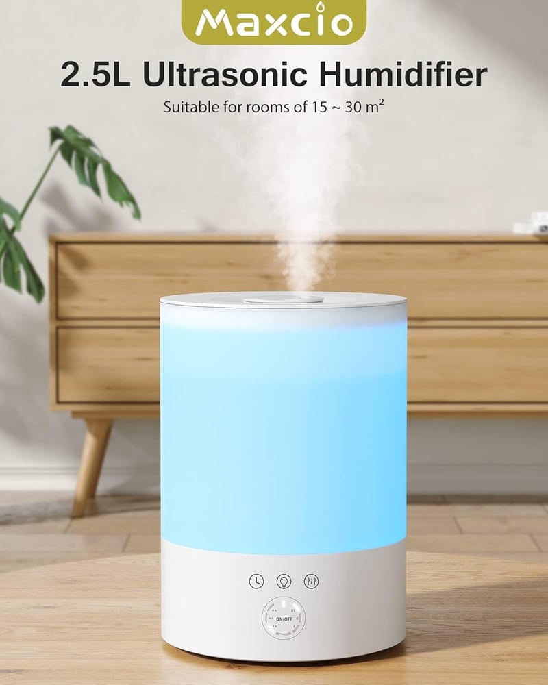 Maxcio 2,5L-es ultrahangos párásító, 3 ködmóddal, időzítővel és LED éjjeli fénnyel