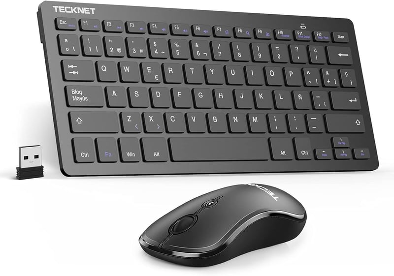 TECKNET Vezeték Nélküli Csendes Billentyűzet és Egér Szett -Spanyol- Ultravékony Mini Billentyűzet, 15m Hatótáv, 2.4G, PC/Smart TV Kompatibilis, 
