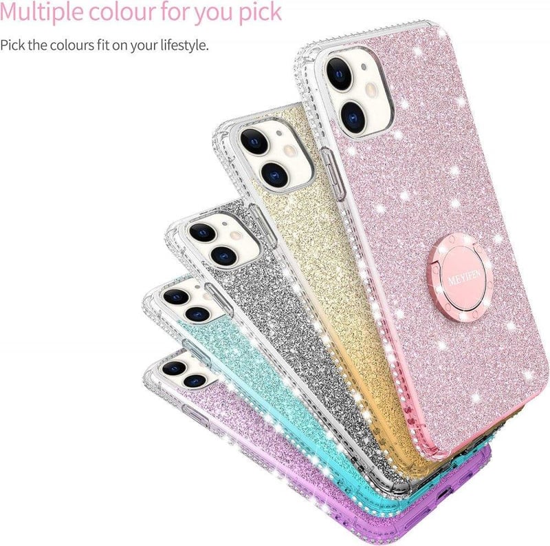 iPhone 12 Mini Lila Glitteres Gyűrűs Tok - Csillogó Lányos Szilikon Védőtok