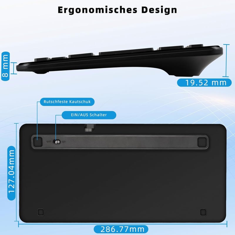 Qulose Vezeték Nélküli Bluetooth Billentyűzet - Újratölthető Mini Klaviatúra USB-C, Ultravékony Ergonomikus Dizájn, QWERTZ, Android/iOS/Wind