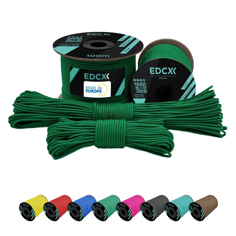 EdcX Paracord 2 mm nylonové lano 275 - 3-pramenná zelená šnúra, 50 m - 100% nylon, dostupné vo viacerých farbách