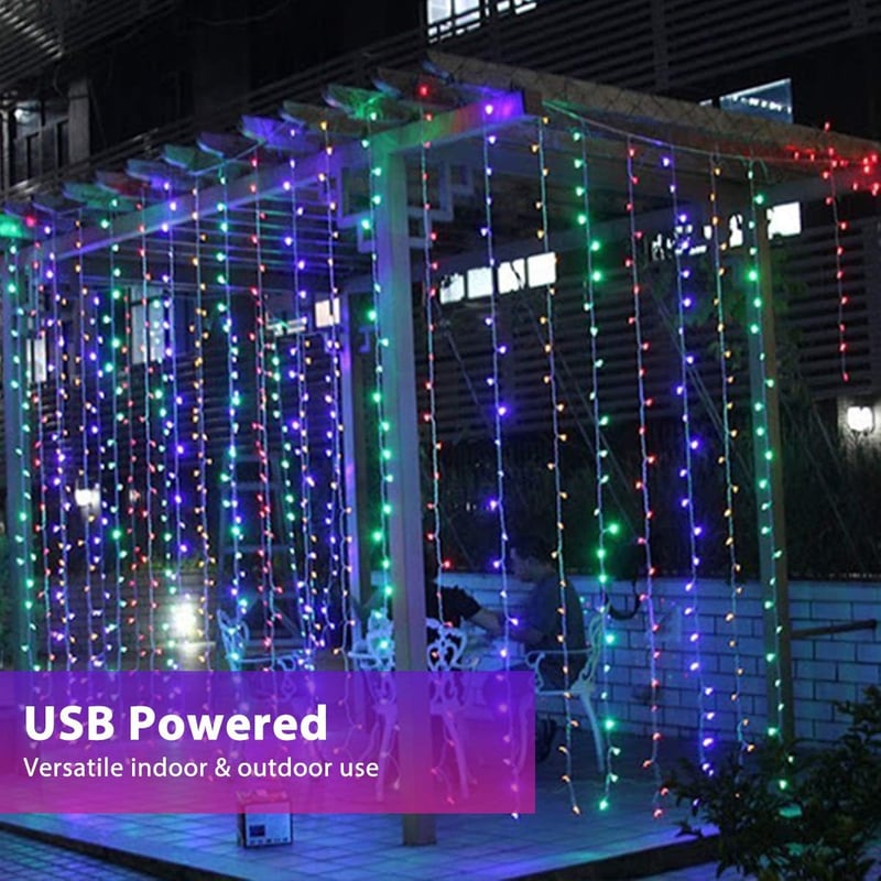 Fulighture 3x3m-es USB LED fényfüggöny, 300 LED, távirányítóval, vízálló, színes, 8 üzemmód