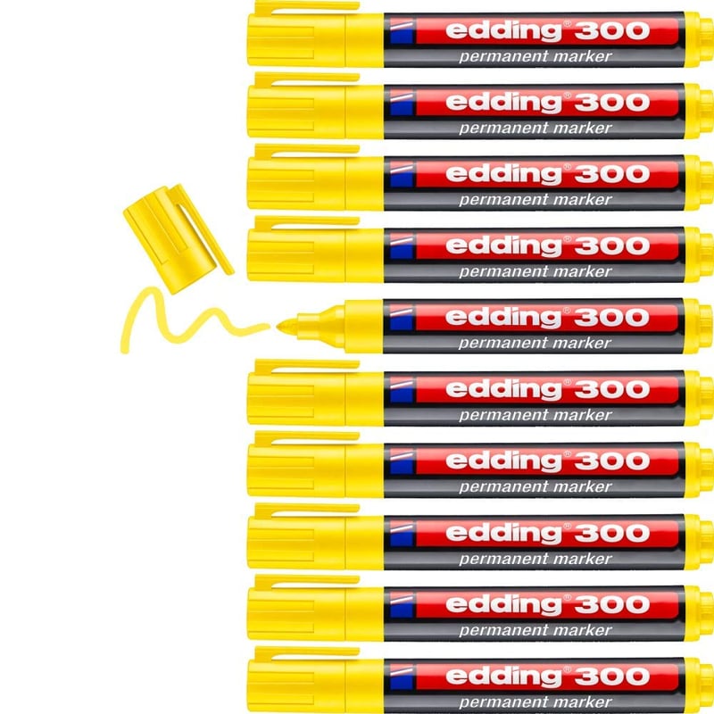 Marker permanent edding 300, galben, vârf rotund, pe bază de alcool, 1,5-3 mm, rezistent la apă, cu uscare rapidă, pentru carton, lemn, metal, sticlă, 10 buc.