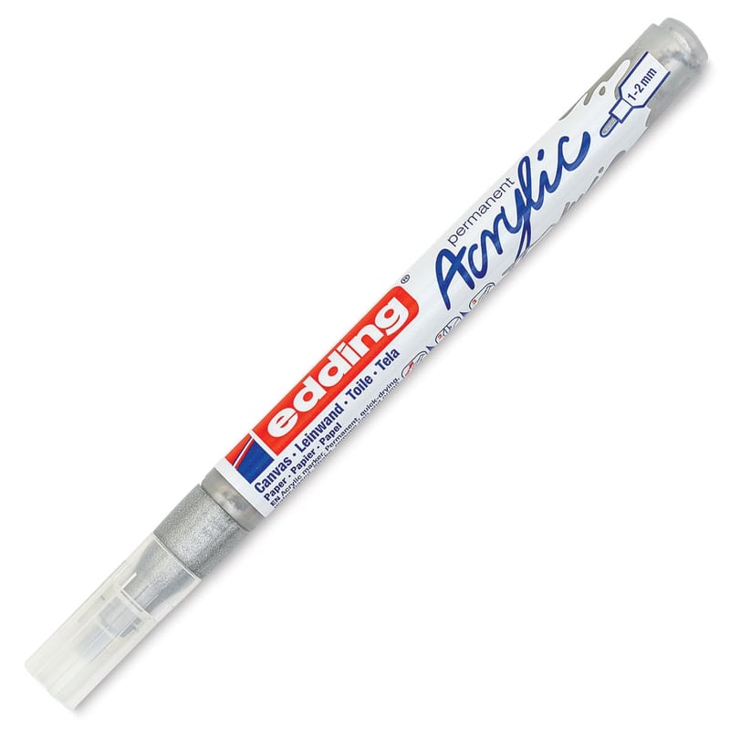 Akrylový popisovač edding 5300 strieborný, tenký, vodeodolný – jemný guľatý hrot 1–2 mm – akrylová farba na plátno, maliarsky papier, kameň a drevo