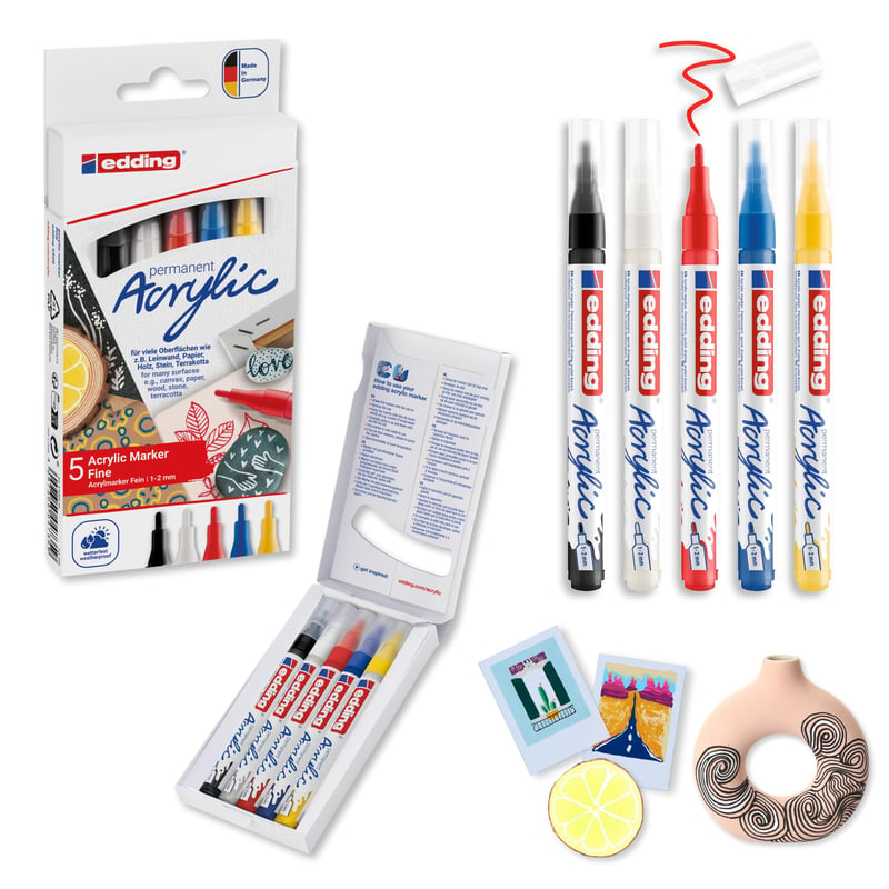 Akrylový popisovač edding 5300 Fine – 5-dielna súprava rôznych farieb – jemný hrot 1–2 mm – akrylové maliarske pero na plátno, papier, drevo, kameň – Vyrobené v Nemecku