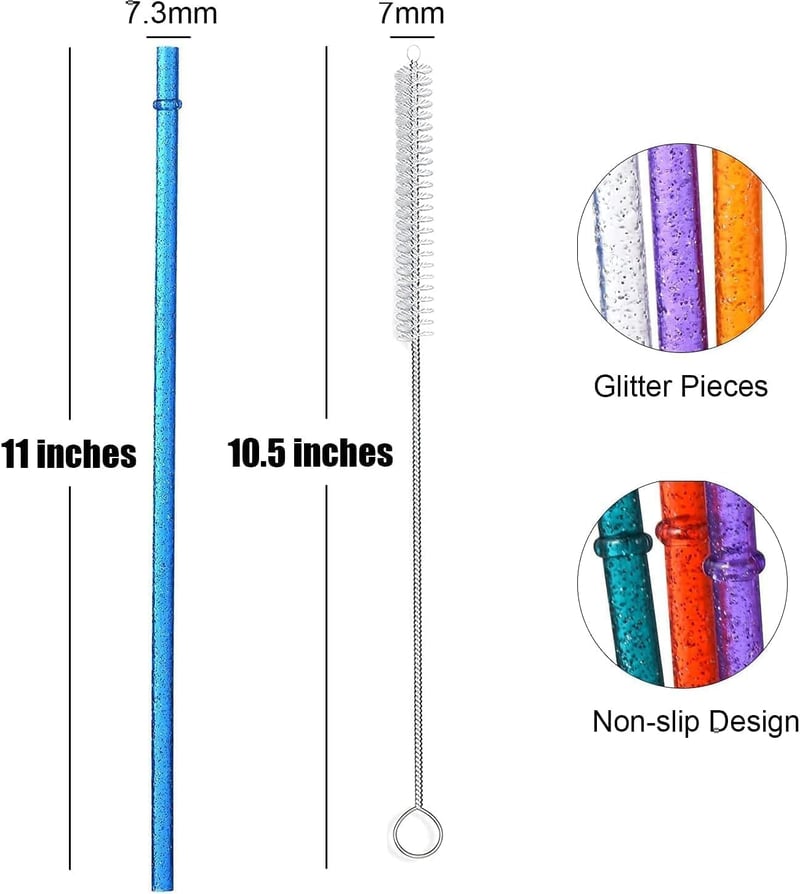 VITEVER 12 db-os Csillogó, Újrahasználható Átlátszó Műanyag Szívószál Készlet, 28 cm, Tisztítókefével