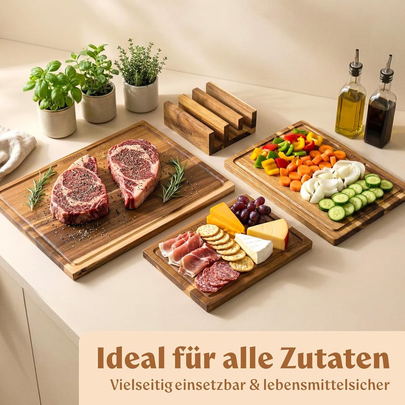EDELHAUS 3 részes akáciafa vágódeszka szett 40x30 cm-es mérettel, 2 cm vastag, szaftcsatornával