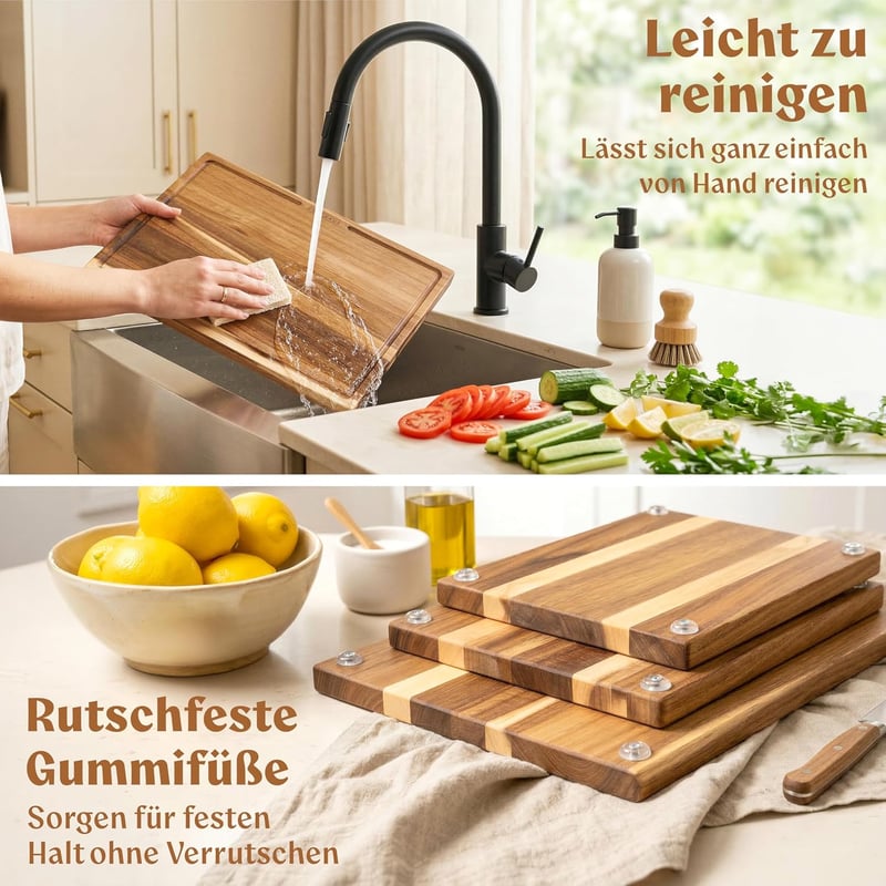 EDELHAUS 3 részes akáciafa vágódeszka szett 40x30 cm-es mérettel, 2 cm vastag, szaftcsatornával