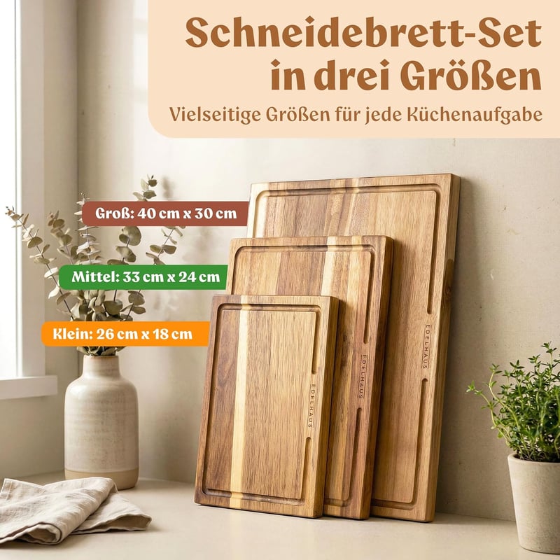 EDELHAUS 3 részes akáciafa vágódeszka szett 40x30 cm-es mérettel, 2 cm vastag, szaftcsatornával