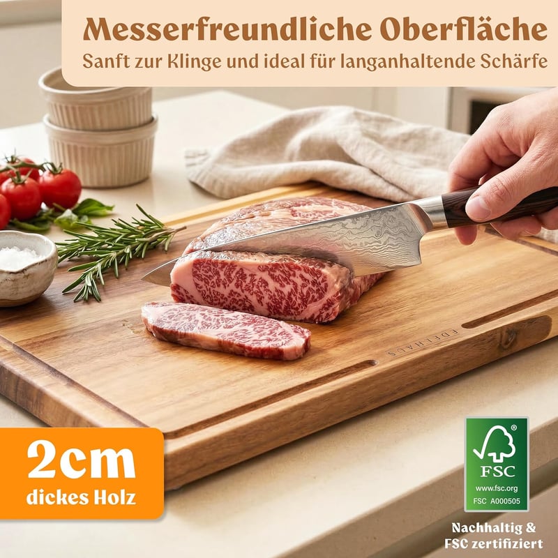 EDELHAUS 3 részes akáciafa vágódeszka szett 40x30 cm-es mérettel, 2 cm vastag, szaftcsatornával