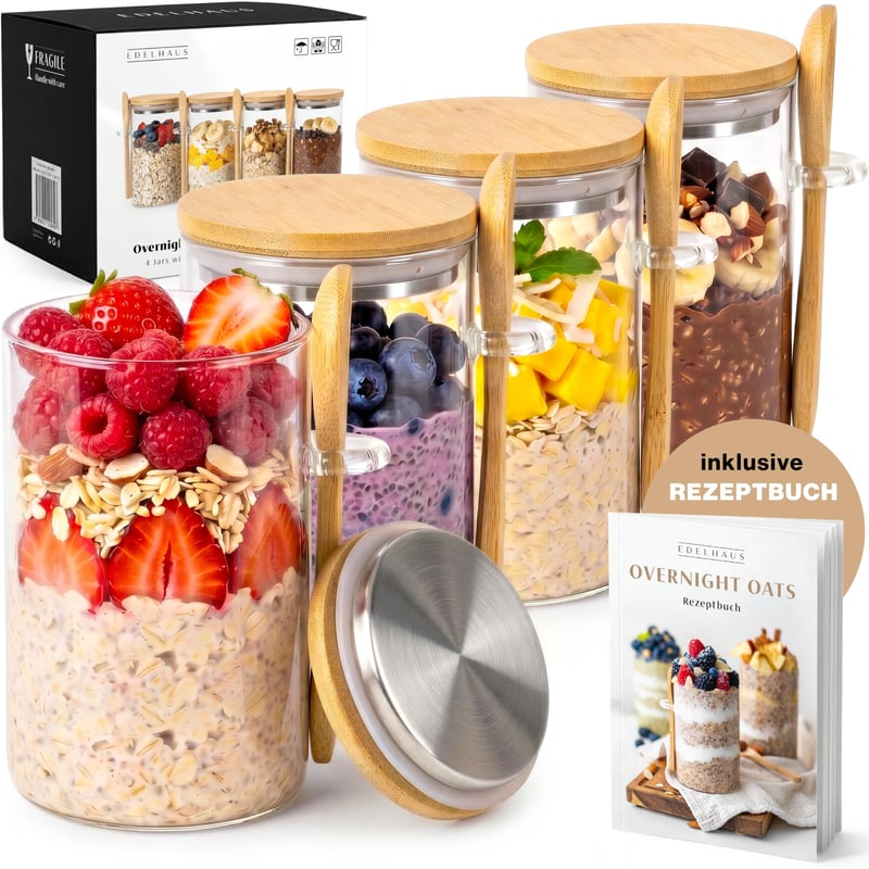 EDELHAUS staklenke za Overnight Oats s poklopcem, žlicom i naljepnicama (4 x 500 ml) - Set posuda za musli, jogurt i chia puding, nepropusne