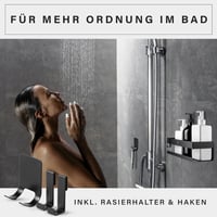 Etajeră de duș din oțel inoxidabil EDELZ, fără găurire, negru - Suport pentru șampon cu adeziv 3M, 2 cârlige mobile și suport pentru aparat de ras 6