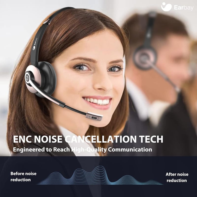 Earbay Bluetooth Headset Mikrofonnal - Zajszűrős, USB-s Vezeték Nélküli Fejhallgató PC-hez, Rózsaarany